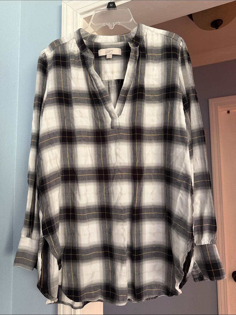 LOFT Black, White & Gray Plaid Split V-Neck Tunic